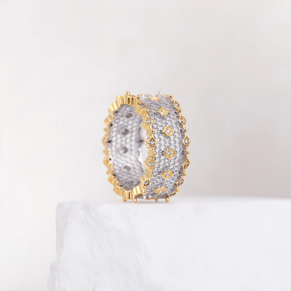 Mushan Luxury Brand New Full Diamond Lace Ring From Boucher With  Hollowed-Out Style S925 Sterling Silver Gold Plating