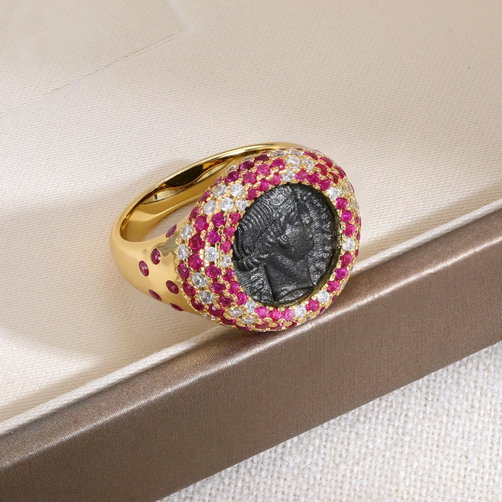 Mushan Luxury Brand Full Diamond Inlaid Lucky Goddess Ancient Coin Ring S925 Sterling Silver Women Fashion Ring Jewelry