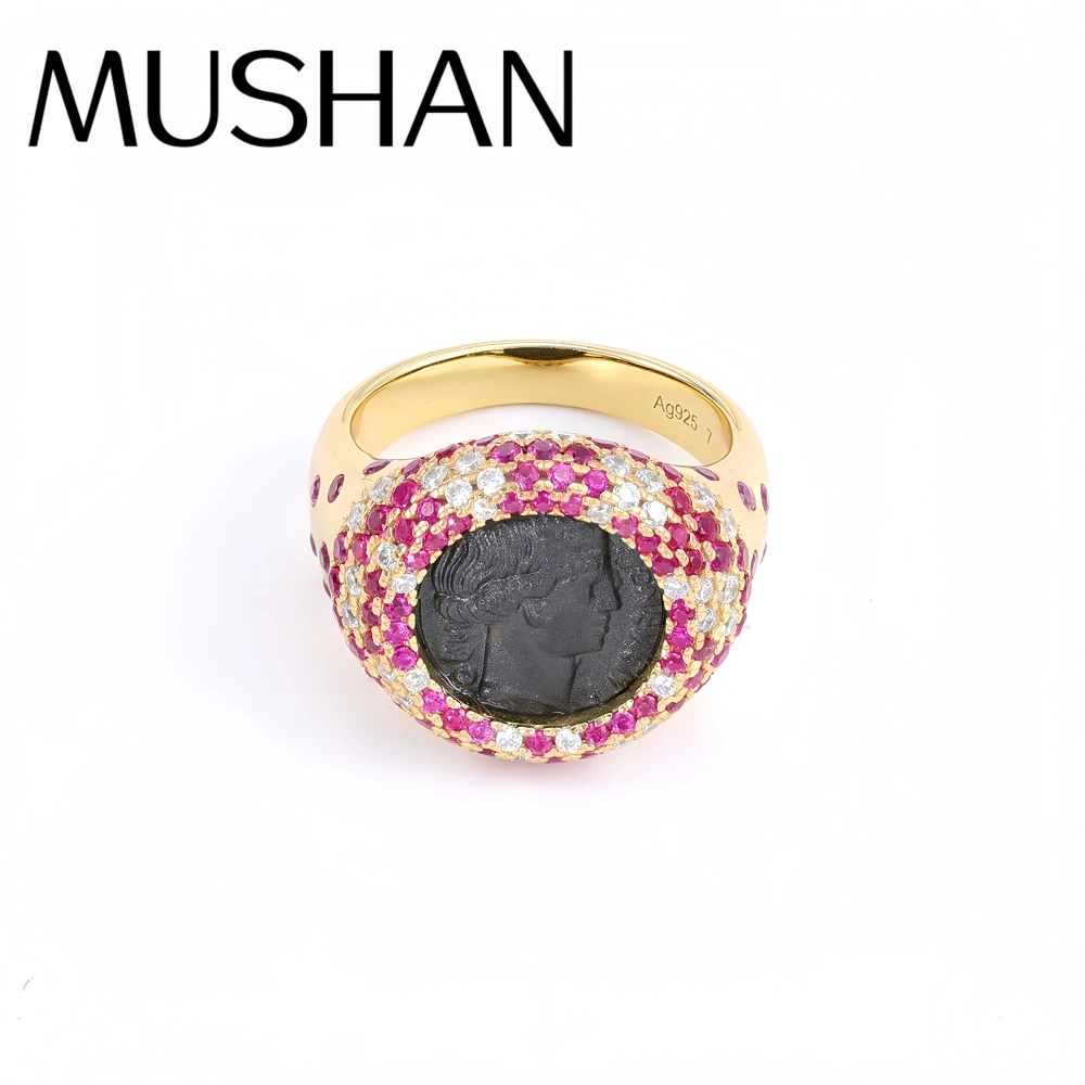 Mushan Luxury Brand Full Diamond Inlaid Lucky Goddess Ancient Coin Ring S925 Sterling Silver Women Fashion Ring Jewelry
