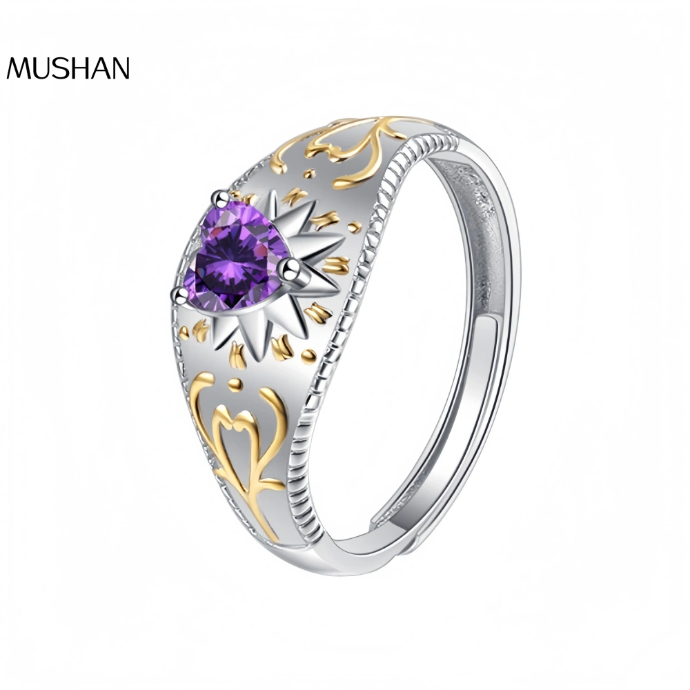 Mushan Luxury Brand S925 Sterling Silver Italian Gold Separation Process Purple Heart Diamond Ring, Ins Style Open Ring