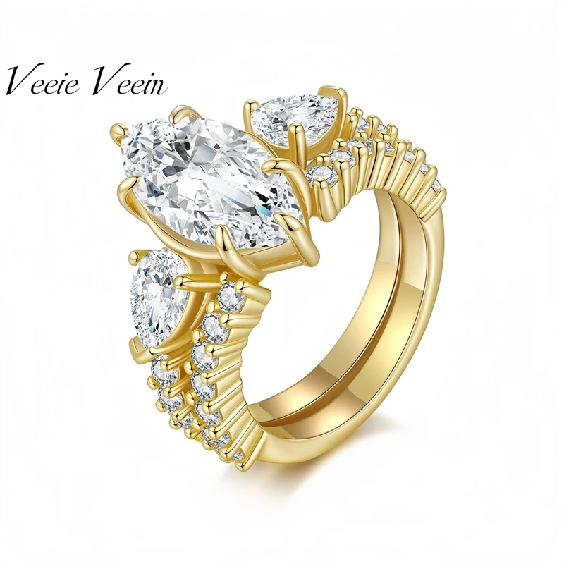 Veeie Veein Luxury Brand 3 Clara Irregular-Shaped Moissanite Ring S925 Sterling Silver Women'S Layered Wear Set Ring Jewelry