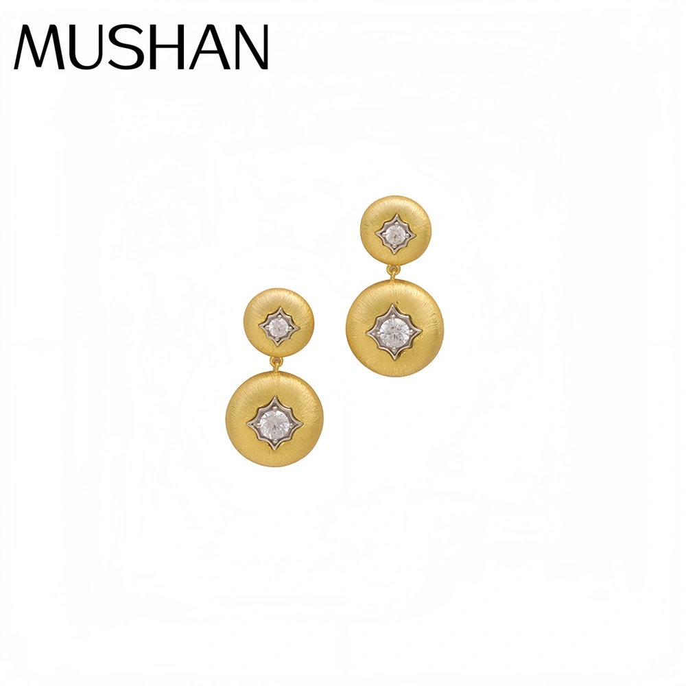 MuShan Luxury Brand Vintage Italian Brushed Gold Round Bead Earrings 18K Gold Plated 925 Sterling Silver Drop Earrings Jewelry