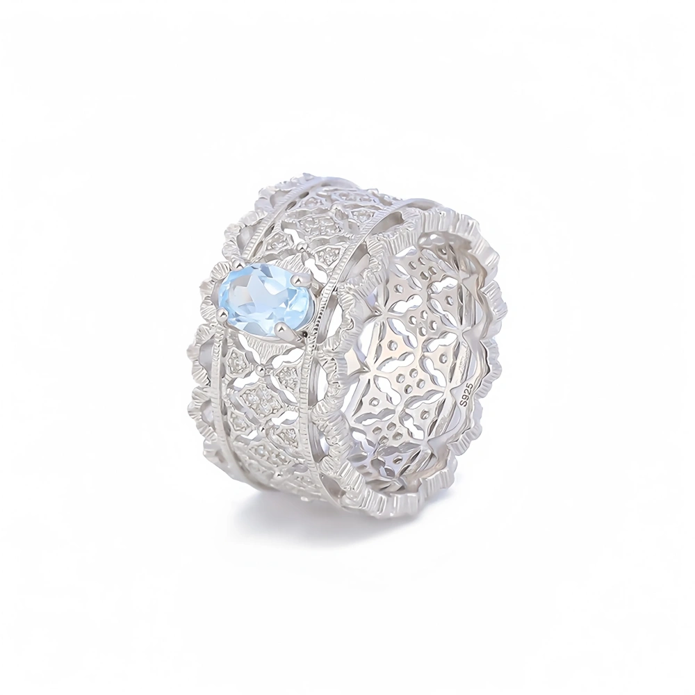 Mushan Luxury Brand Retro Lace  Natural Gemstone  Hand Brushed Pure Silver Ring Women 925 Sterling Silver Ring Jewelry