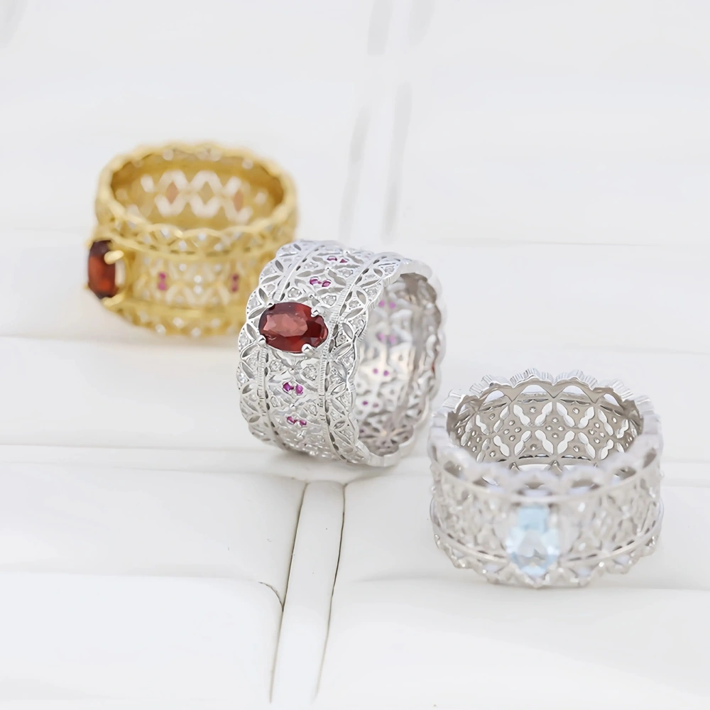 Mushan Luxury Brand Retro Lace  Natural Gemstone  Hand Brushed Pure Silver Ring Women 925 Sterling Silver Ring Jewelry