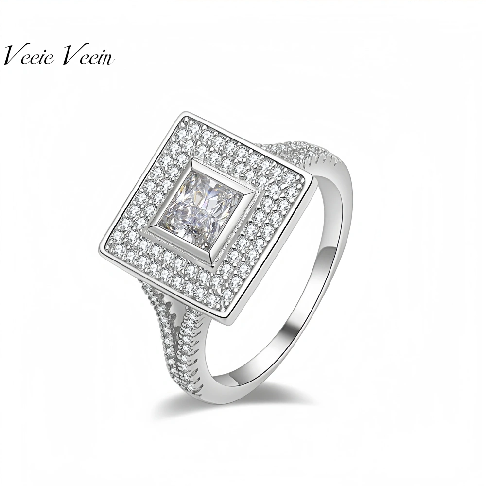 Veeie Veein Luxury Brand High Quality S925 Sterling Silver Ring Inlaid Moissanite Square GRA Certificate Women Ring Jewelry