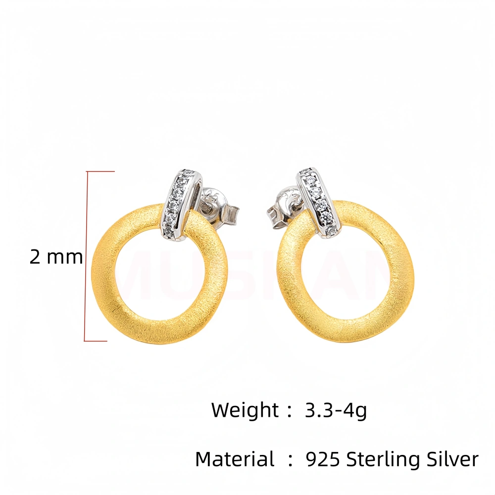 MuShan Luxury Brand Round Brushed 18K Gold-Plated Hollow Ear Clip Studs 925 Sterling Silver Stud Earrings Fine Jewelry