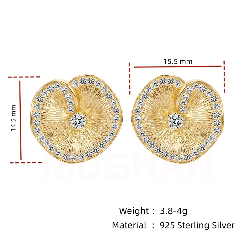 MuShan Luxury Brand 18K Gold Plated Italian Brushed Lotus Leaf S925 925 Sterling Silver Stud Earrings For Women Fine Jewelry