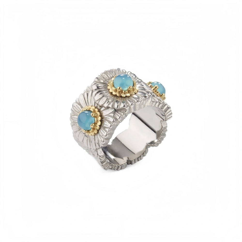 Mushan Luxury Brand The Italian Pure Silver Blue Agate Daisy Ring Was A Bestseller On Xiaohongshu During A Live Stream