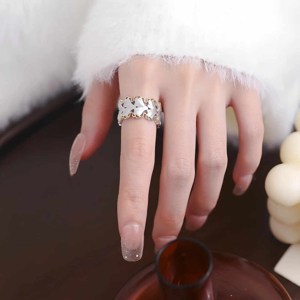 Mushan Luxury Brand Pure Silver S925 Ginkgo Leaf Ring, Italian Brushed Gold And Silver Color Contrast Index Finger Ring