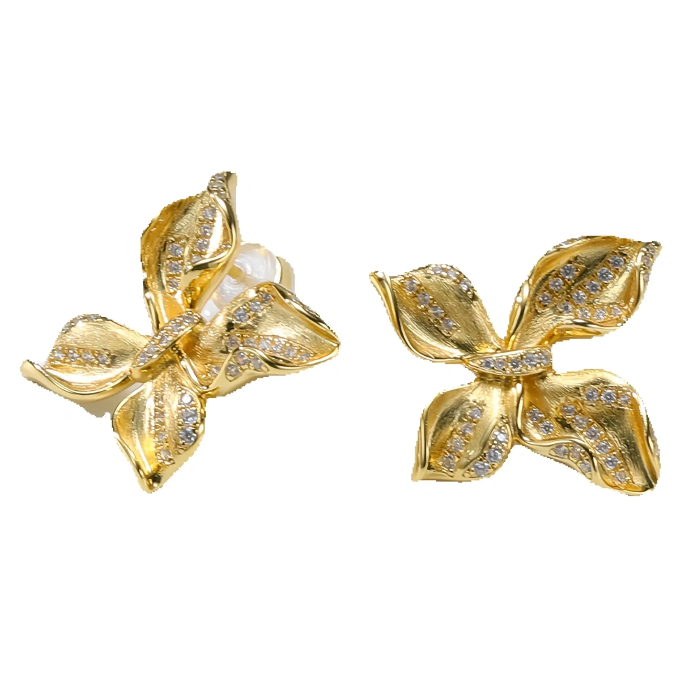 MuShan Luxury Brand Italian Brushed Gold Butterfly Stud Earrings 18K Gold Plated 925 Sterling Silver Zircon Earrings Jewelry