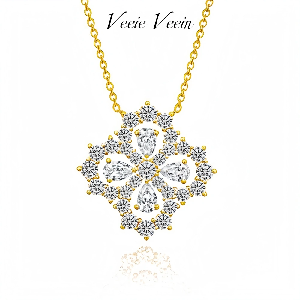 Veeie Veein Luxury Brand S925 Sterling Silver Four-Leaf Clover Necklace With Moissanite And Flower Accessories Jewelry