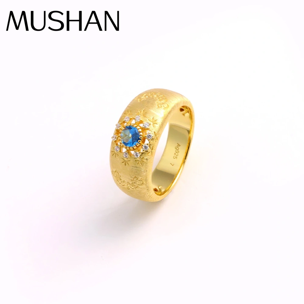 Mushan Luxury Brand Drawing Process Gemstone Ring Starry Flower 18K Gold Plated 925 Sterling Silver Rings Fine Jewelry