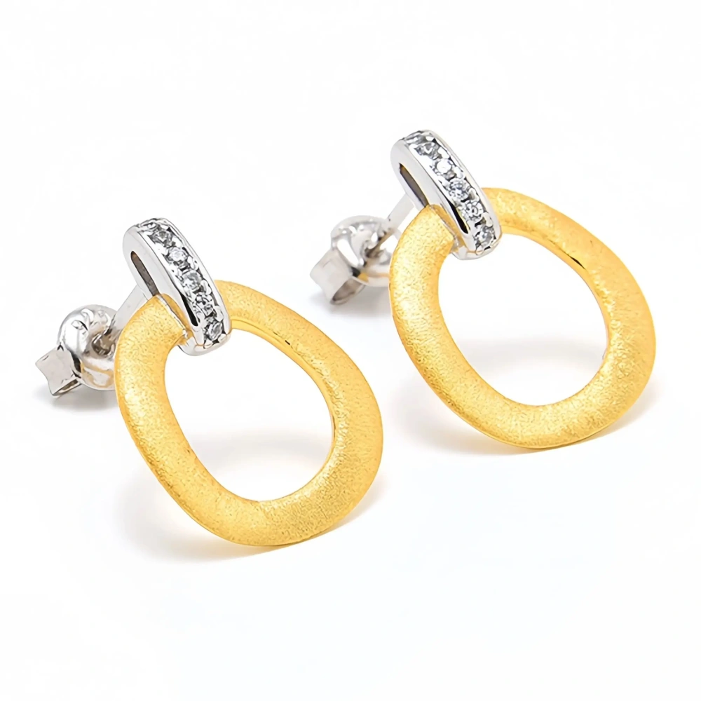 MuShan Luxury Brand Round Brushed 18K Gold-Plated Hollow Ear Clip Studs 925 Sterling Silver Stud Earrings Fine Jewelry