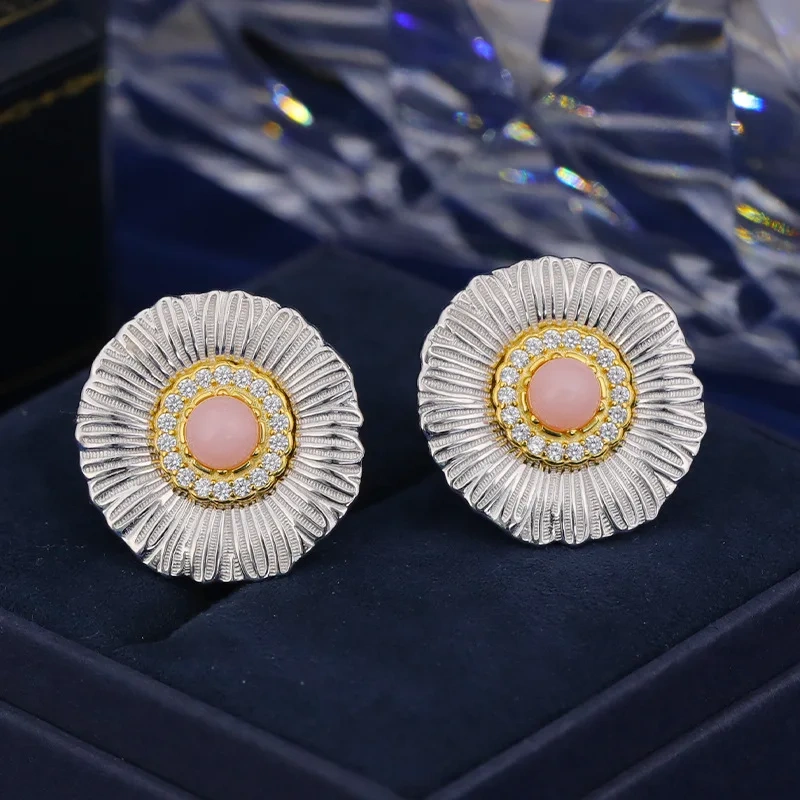 Mushan Luxury Brand Daisy Blue Agate Zircon Earrings 925 Sterling Silver Stud Earrings Fashion Jewelry Accessories