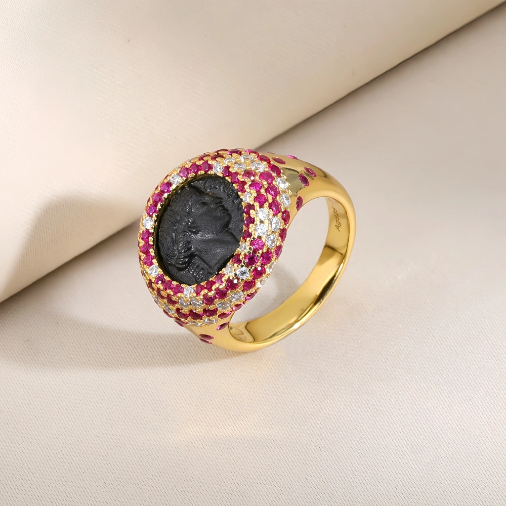 Mushan Luxury Brand Full Diamond Inlaid Lucky Goddess Ancient Coin Ring S925 Sterling Silver Women Fashion Ring Jewelry