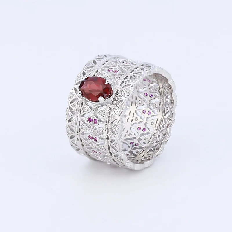 Mushan Luxury Brand Retro Lace  Natural Gemstone  Hand Brushed Pure Silver Ring Women 925 Sterling Silver Ring Jewelry