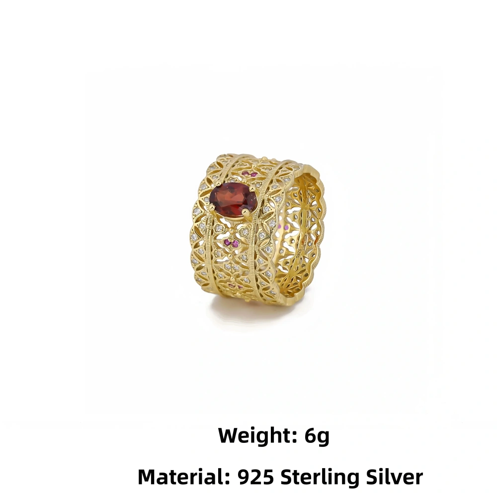 Mushan Luxury Brand Retro Lace  Natural Gemstone  Hand Brushed Pure Silver Ring Women 925 Sterling Silver Ring Jewelry