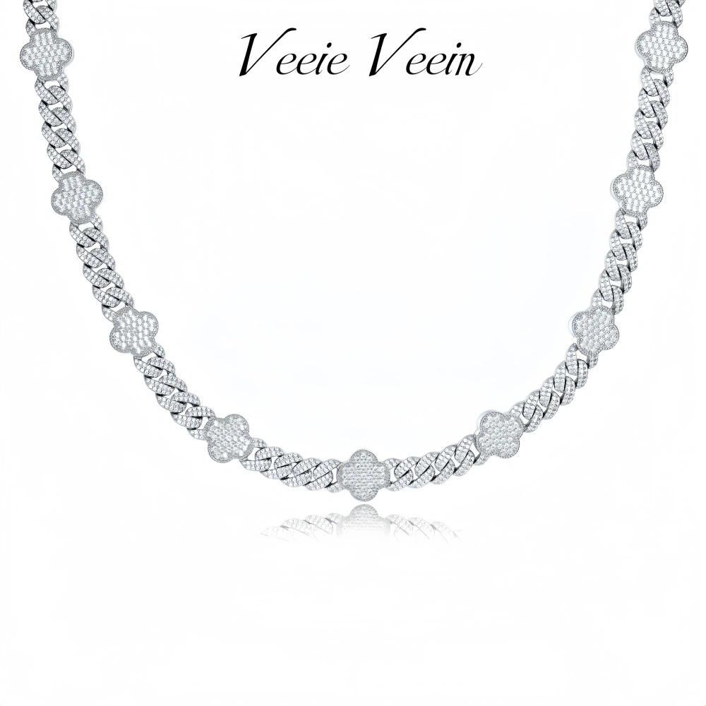 Veeie Veein Luxury Brand S925 Sterling Silver Moissanite Necklace Accessory Four Leaf Clover Cuban Chain Trend Necklace Jewelry