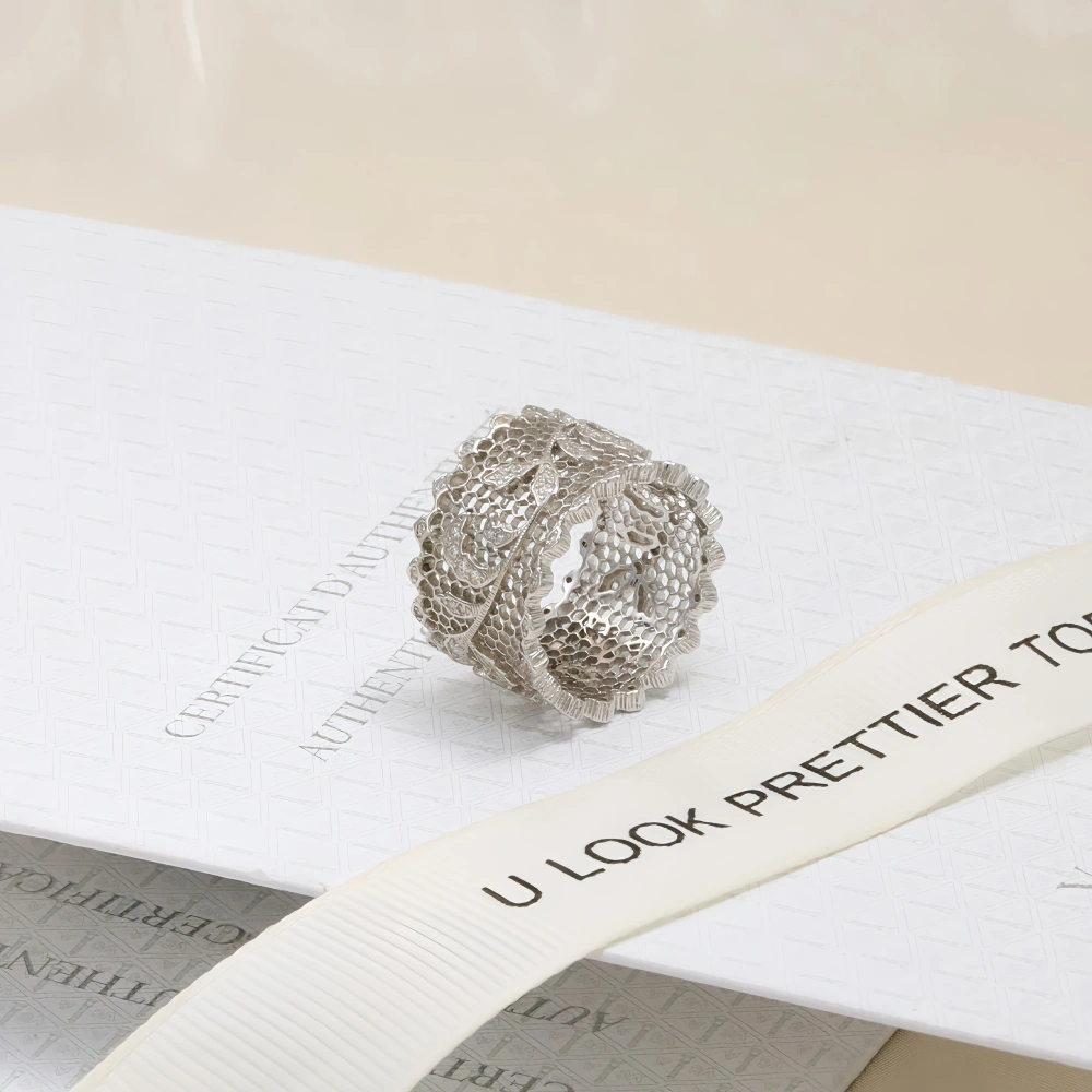 Mushan Luxury Brand Pure Silver Italian High End Gold Honeycomb Engraving Iris Flower Ring  Retro Lace Brushed Ring