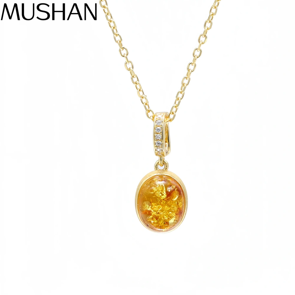MuShan Luxury Brand Amber Stone Zircon Gemstones Pendant Necklace 18K Gold Plated 925 Sterling Silver Necklaces Jewelry