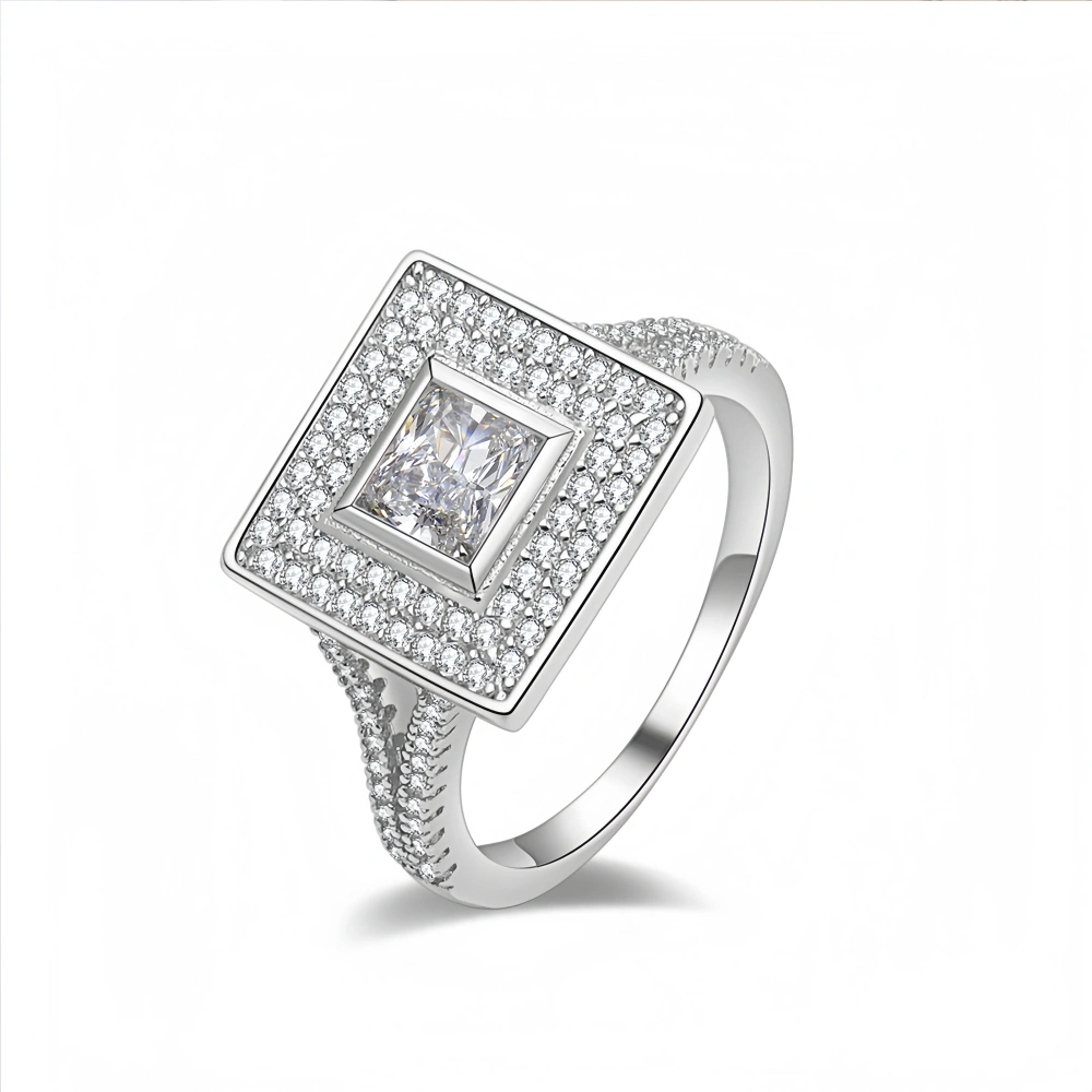Veeie Veein Luxury Brand High Quality S925 Sterling Silver Ring Inlaid Moissanite Square GRA Certificate Women Ring Jewelry