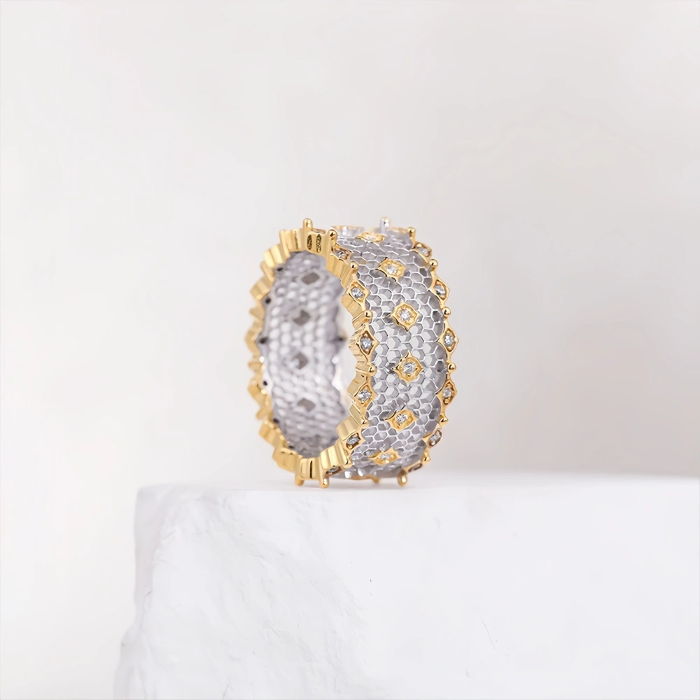 Mushan Luxury Brand New Full Diamond Lace Ring From Boucher With  Hollowed-Out Style S925 Sterling Silver Gold Plating