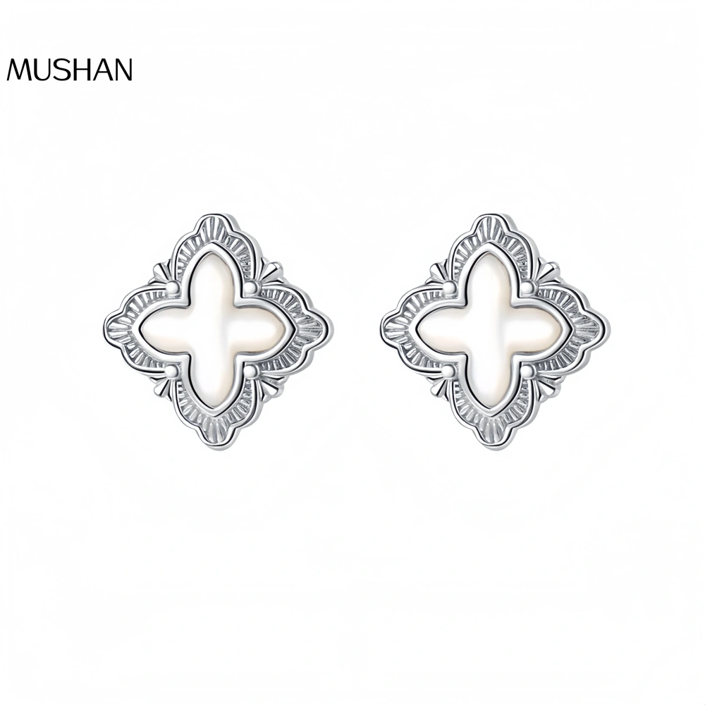 Mushan Luxury Brand S925 Sterling Silver Italian Retro Four-Leaf Clover White Shell Stud Women'S High-End Earrings