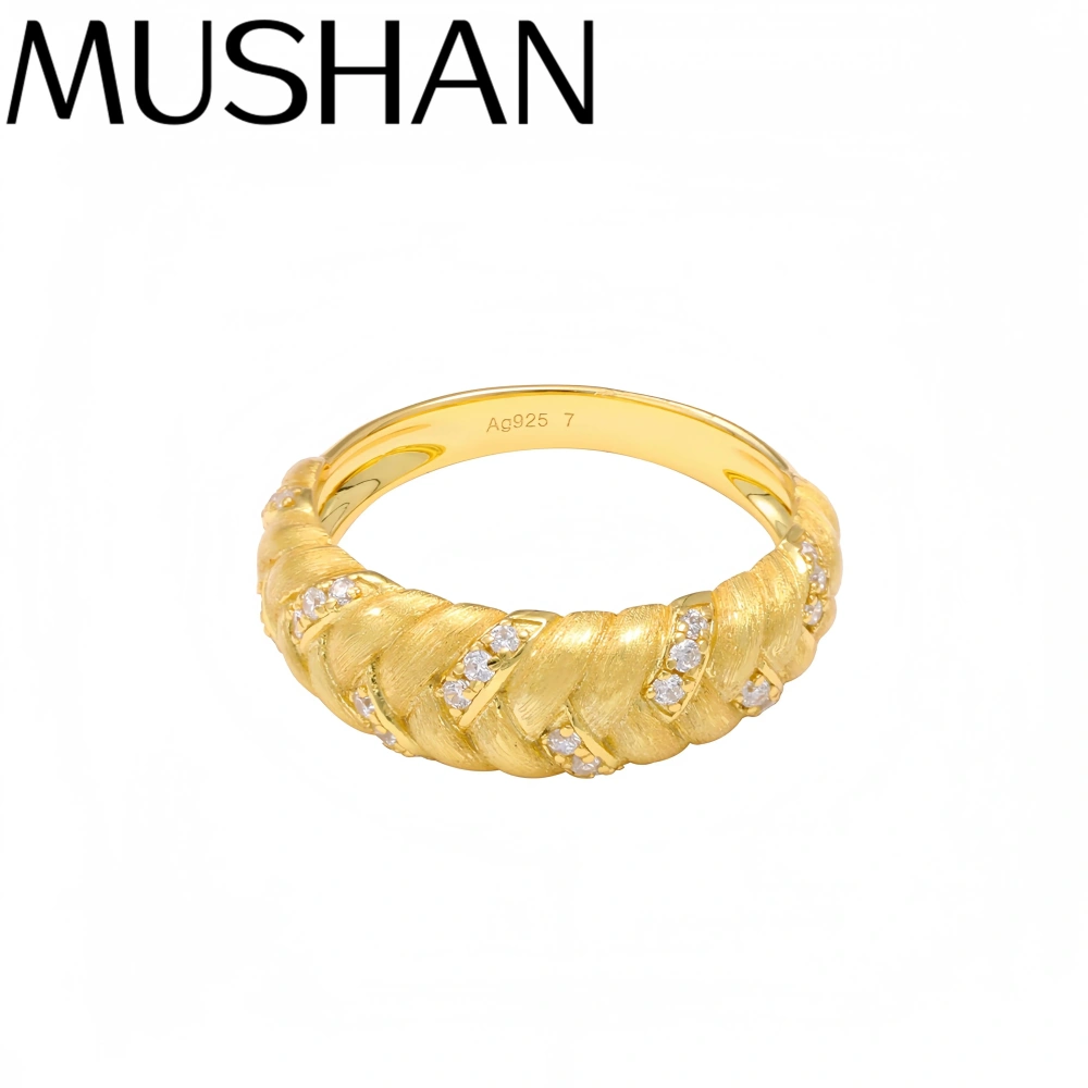 Mushan Luxury Brand 18k Gold Plated Wheat Ear Brushed Ring Women Luxury 925 Sterling Silver Ring Fine Jewelry