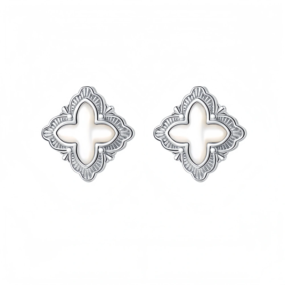 Mushan Luxury Brand S925 Sterling Silver Italian Retro Four-Leaf Clover White Shell Stud Women'S High-End Earrings