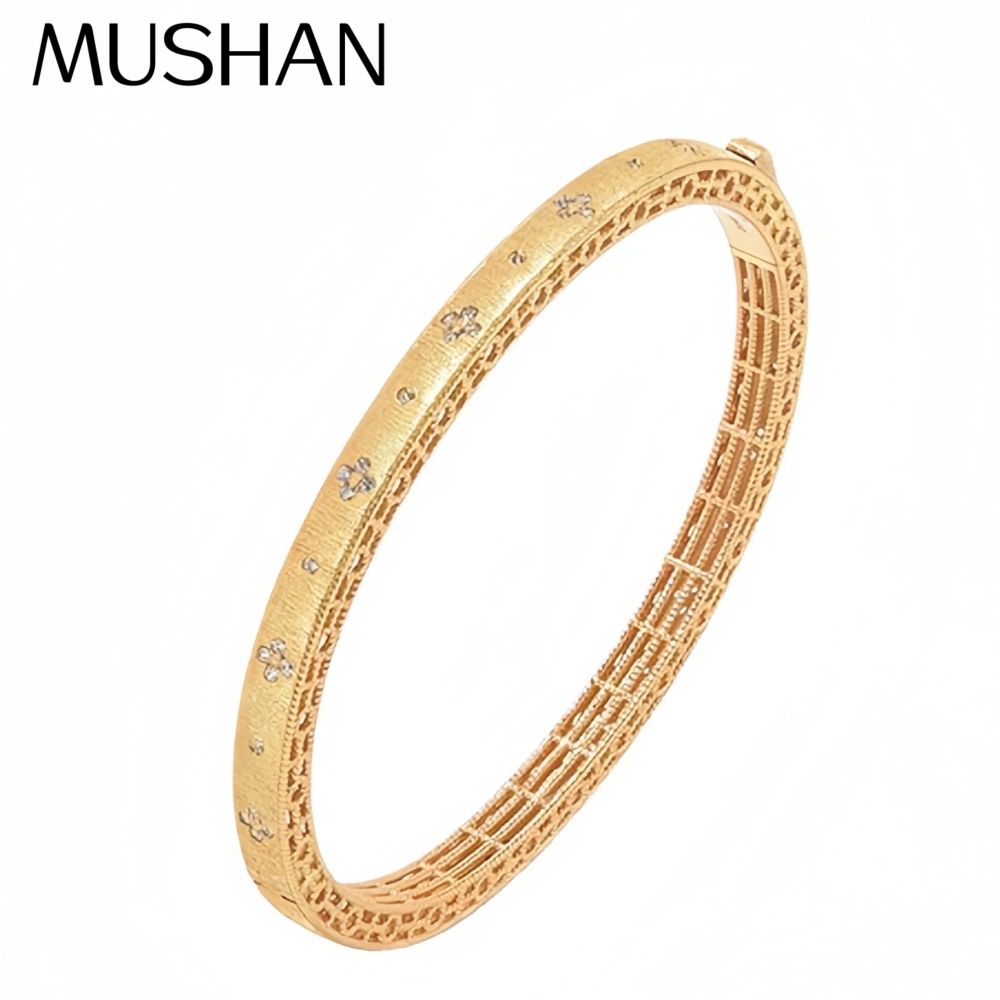 Mushan Luxury Brand Four Leaf Clover Ltalian Brushed Gold Craft Bangle 18K Gold Plated 925 Sterling Silver Bangles Fine Jewelry