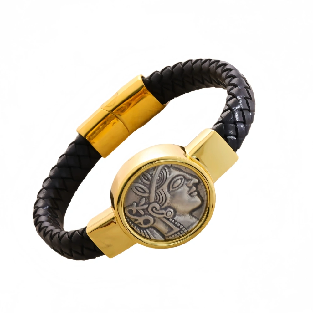 Mushan Luxury Brand Heavy Industry Athena Leather Rope Ancient Coin Bracelet For Women, New Men'S Leather Bracelet Jewelry