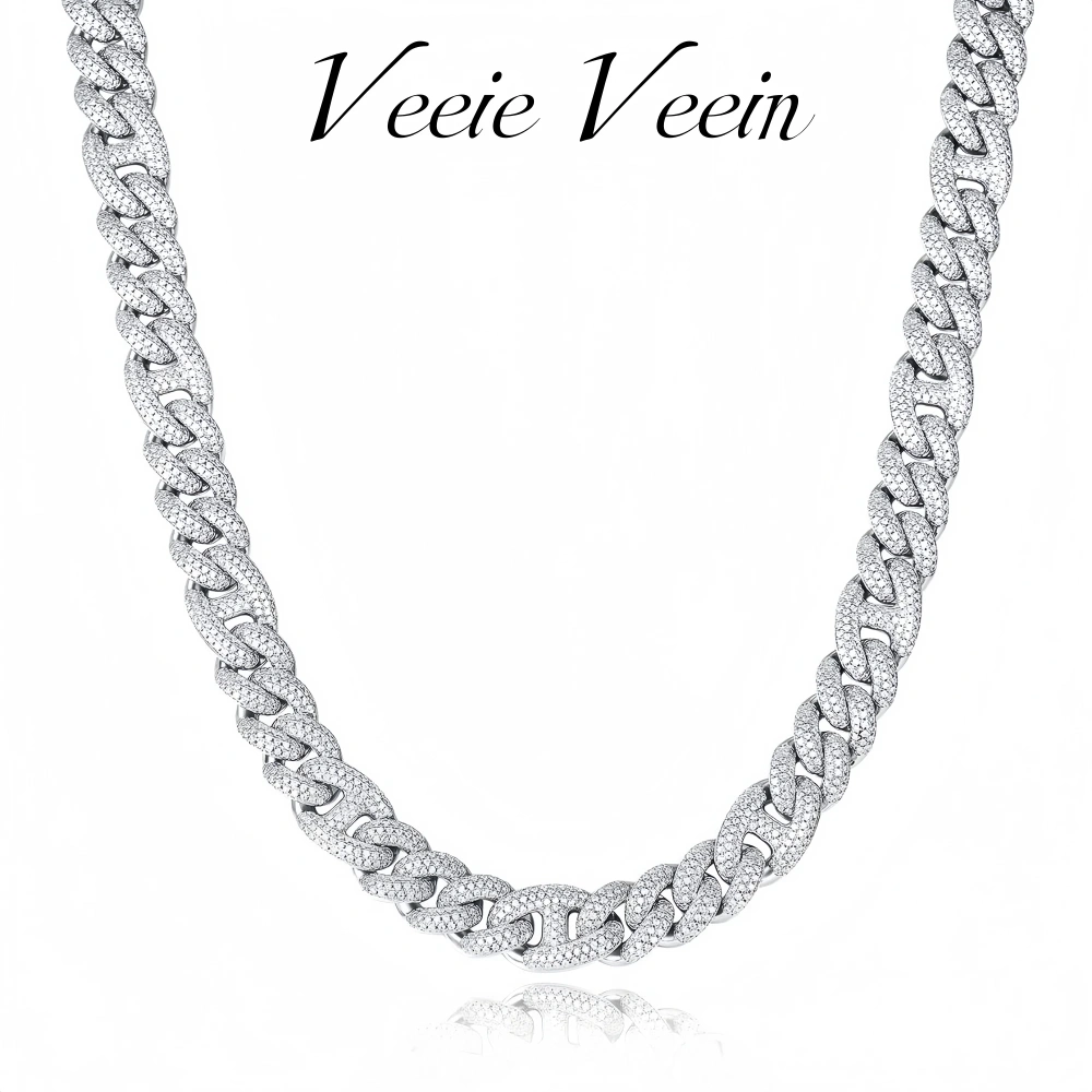 Veeie Veein Luxury Brand High Quality S925 Sterling Silver Necklace 12mm Double Row Moissanite Cuban Chain Fashion Jewelry
