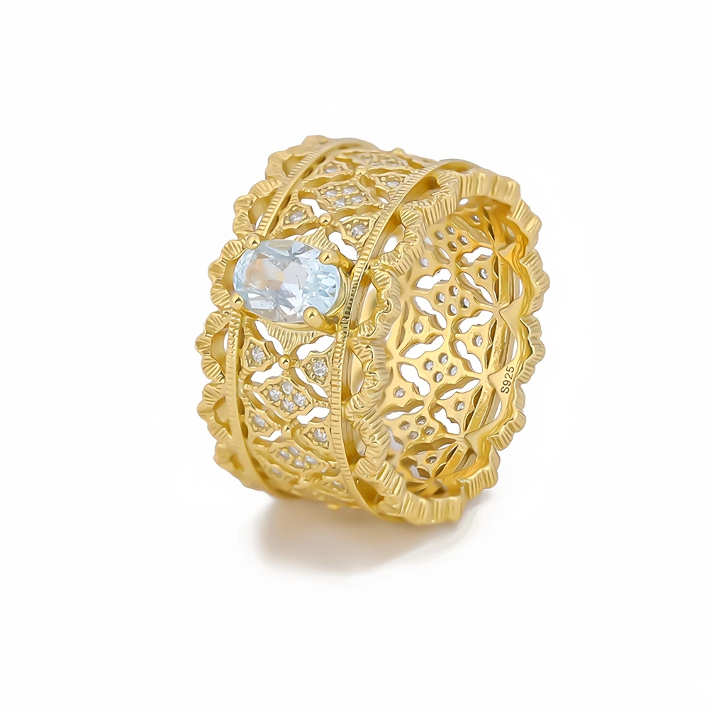 Mushan Luxury Brand Retro Lace  Natural Gemstone  Hand Brushed Pure Silver Ring Women 925 Sterling Silver Ring Jewelry