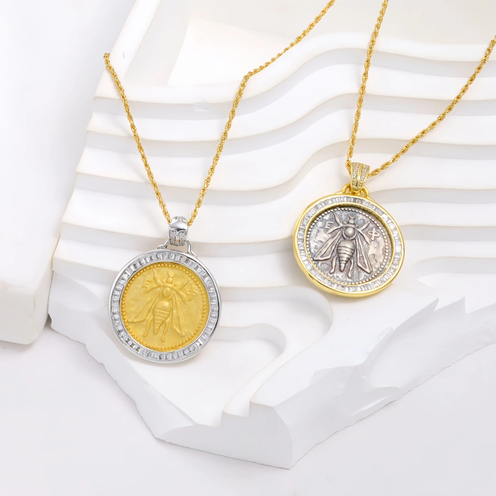 Mushan Luxury Brand Retro Style S925 Sterling Silver Exquisite Embossed Ancient Coin Bee Pendant WomenS Necklace Jewelry
