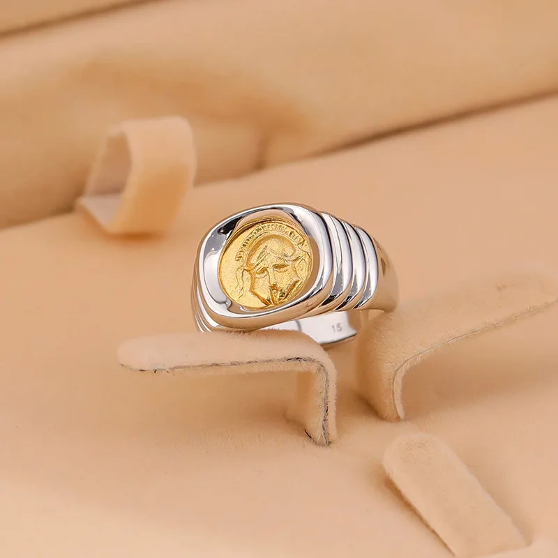 Mushan Luxury Brand High Quality Spartan Ancient Coin Ring With Pure Silver Gold Plating Women Fashion Ring Jewelry