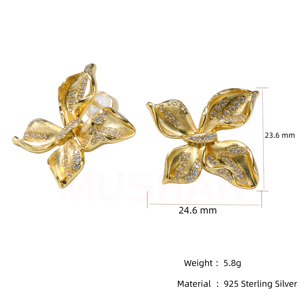 MuShan Luxury Brand Italian Brushed Gold Butterfly Stud Earrings 18K Gold Plated 925 Sterling Silver Zircon Earrings Jewelry