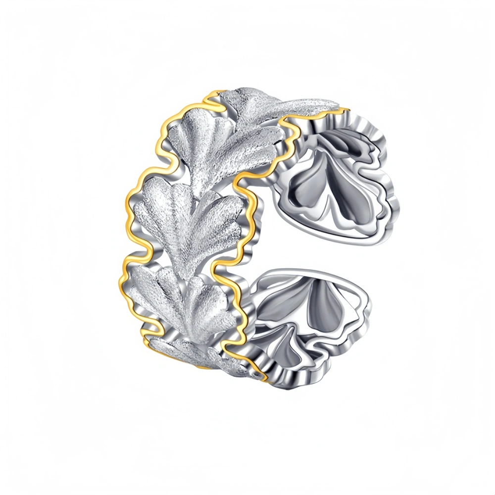 Mushan Luxury Brand Pure Silver S925 Ginkgo Leaf Ring, Italian Brushed Gold And Silver Color Contrast Index Finger Ring