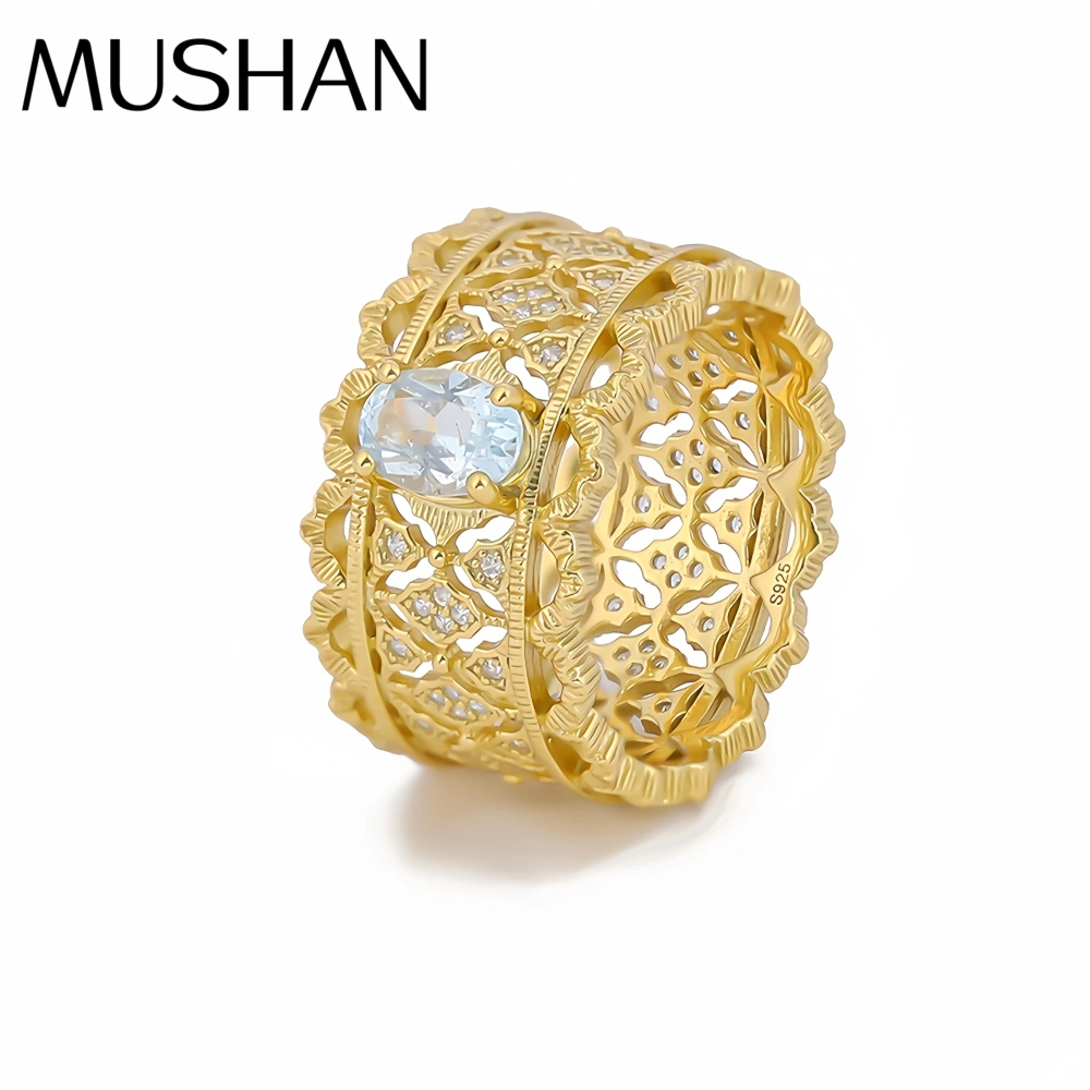 Mushan Luxury Brand Retro Lace  Natural Gemstone  Hand Brushed Pure Silver Ring Women 925 Sterling Silver Ring Jewelry
