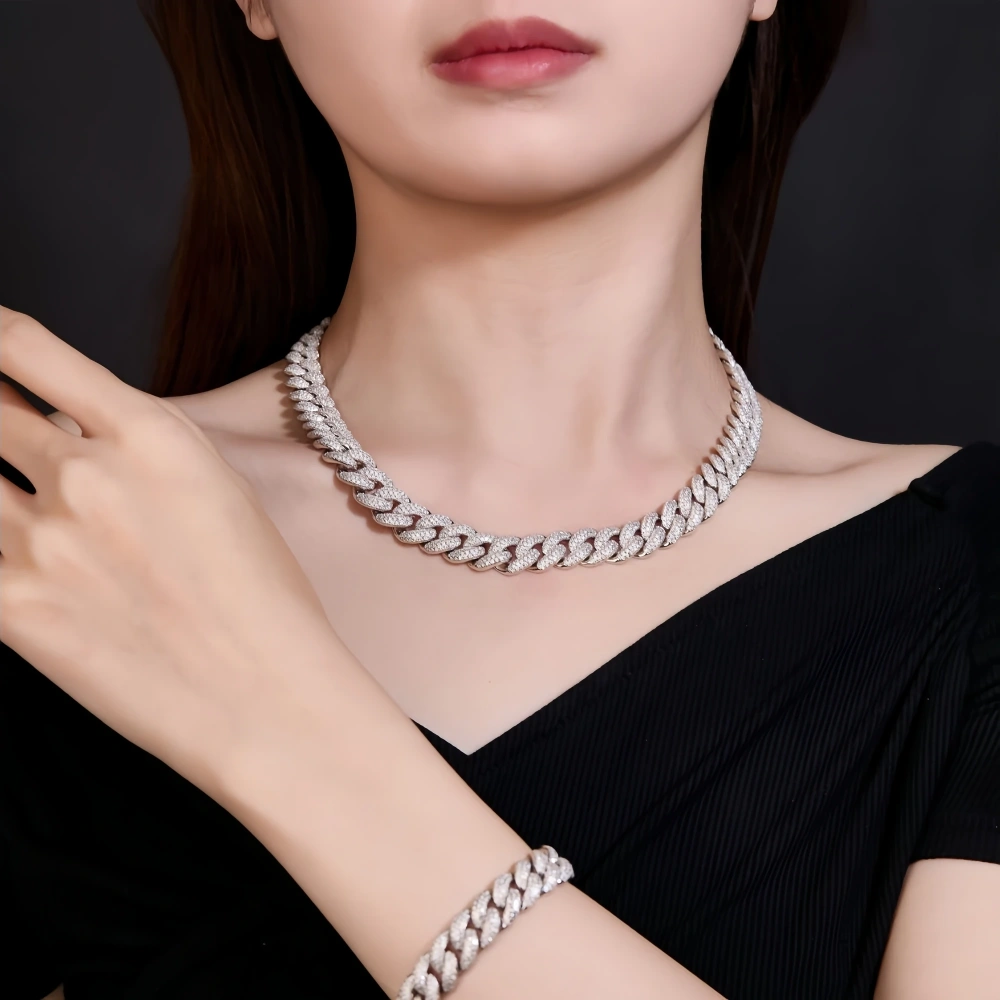 Veeie Veein Luxury Brand S925 Sterling Silver Fully Set Moissanite Necklace Cuban Chain Hip-Hop Street Fashion Jewelry