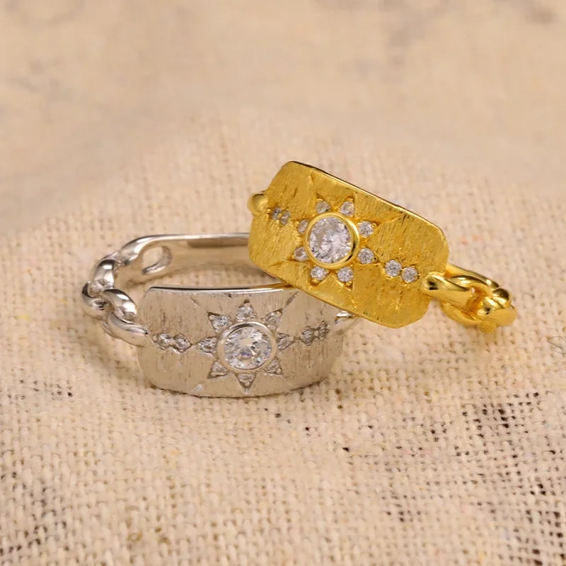 Mushan Luxury Brand New Chinese Style Starry Shield Hand Brushed Ring  Sun God Hexagram Diamond Ring Women Jewelry