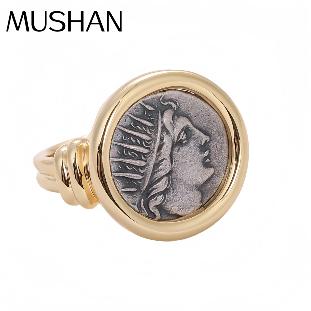 Mushan Luxury Brand Sun God Apollo Ancient Coin Ring For Women 18K Gold Plated 925 Sterling Silver Party Rings Jewelry