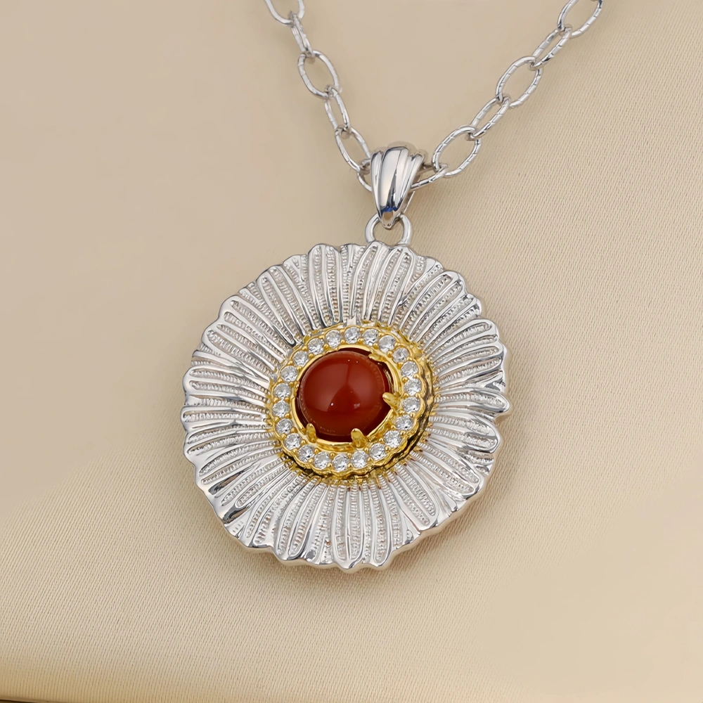 MuShan Luxury Brand 925 Sterling Silver Daisy Necklace Pendant Brushed Gold Flower Agate Gemstones Pendant Necklaces Jewelry