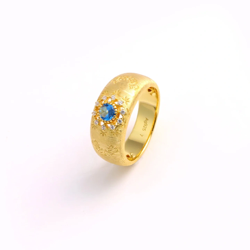 Mushan Luxury Brand Drawing Process Gemstone Ring Starry Flower 18K Gold Plated 925 Sterling Silver Rings Fine Jewelry