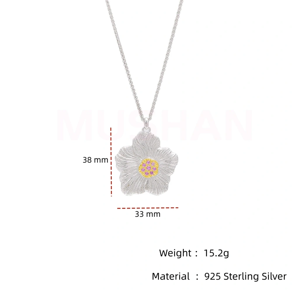 Mushan Luxury Brand 18K Gold Plated Brushed Gardenia Flower Necklace 925 Sterling Silver Zircon Pendant Necklaces Fine Jewelry