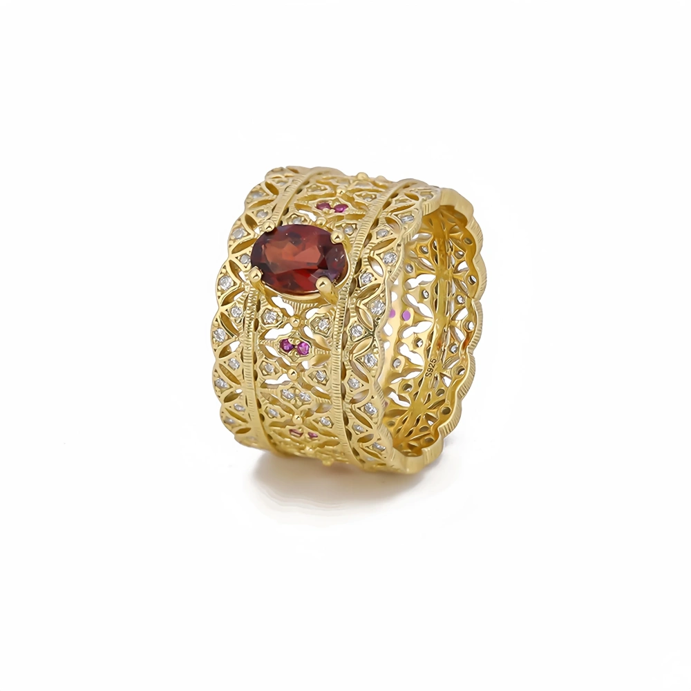 Mushan Luxury Brand Retro Lace  Natural Gemstone  Hand Brushed Pure Silver Ring Women 925 Sterling Silver Ring Jewelry