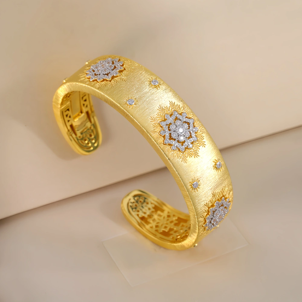 MuShan Luxury Brand 18K Gold Plated Brushed Gold Zircon Bangle 925 Sterling Silver Opening Bracelets Party Jewelry