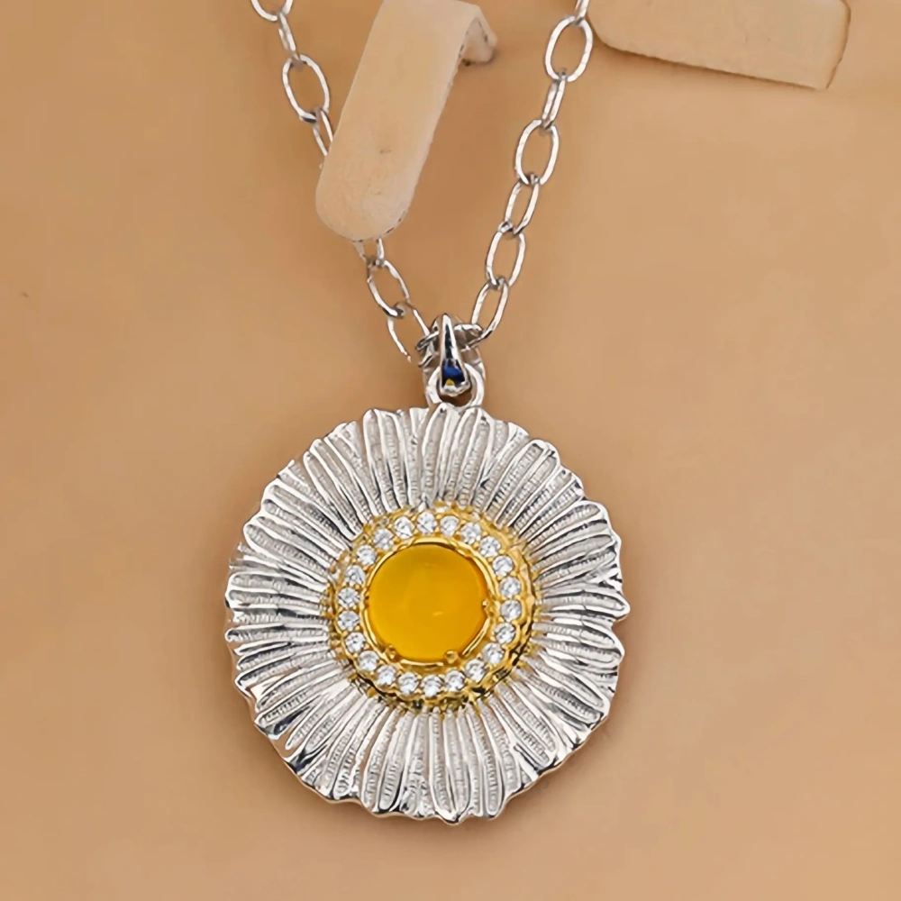 MuShan Luxury Brand 925 Sterling Silver Daisy Necklace Pendant Brushed Gold Flower Agate Gemstones Pendant Necklaces Jewelry
