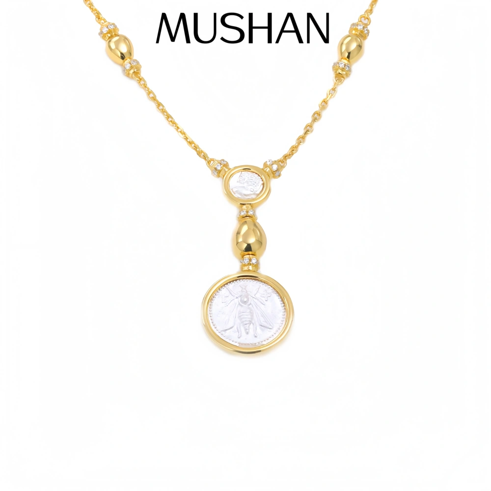 Mushan Luxury Brand 925 Silver Gold Plated Double Coin Necklace With Retro Lion And Bee Design Women Necklace Jewelry