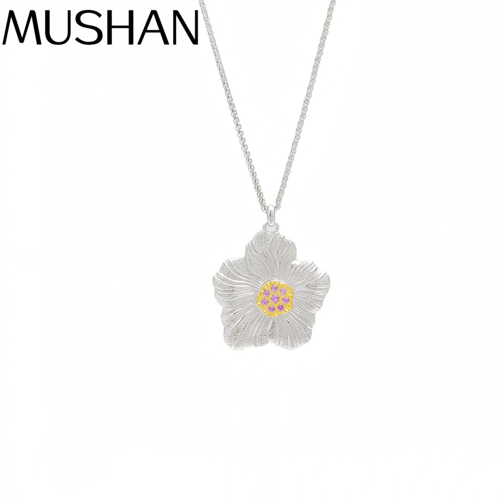 Mushan Luxury Brand 18K Gold Plated Brushed Gardenia Flower Necklace 925 Sterling Silver Zircon Pendant Necklaces Fine Jewelry