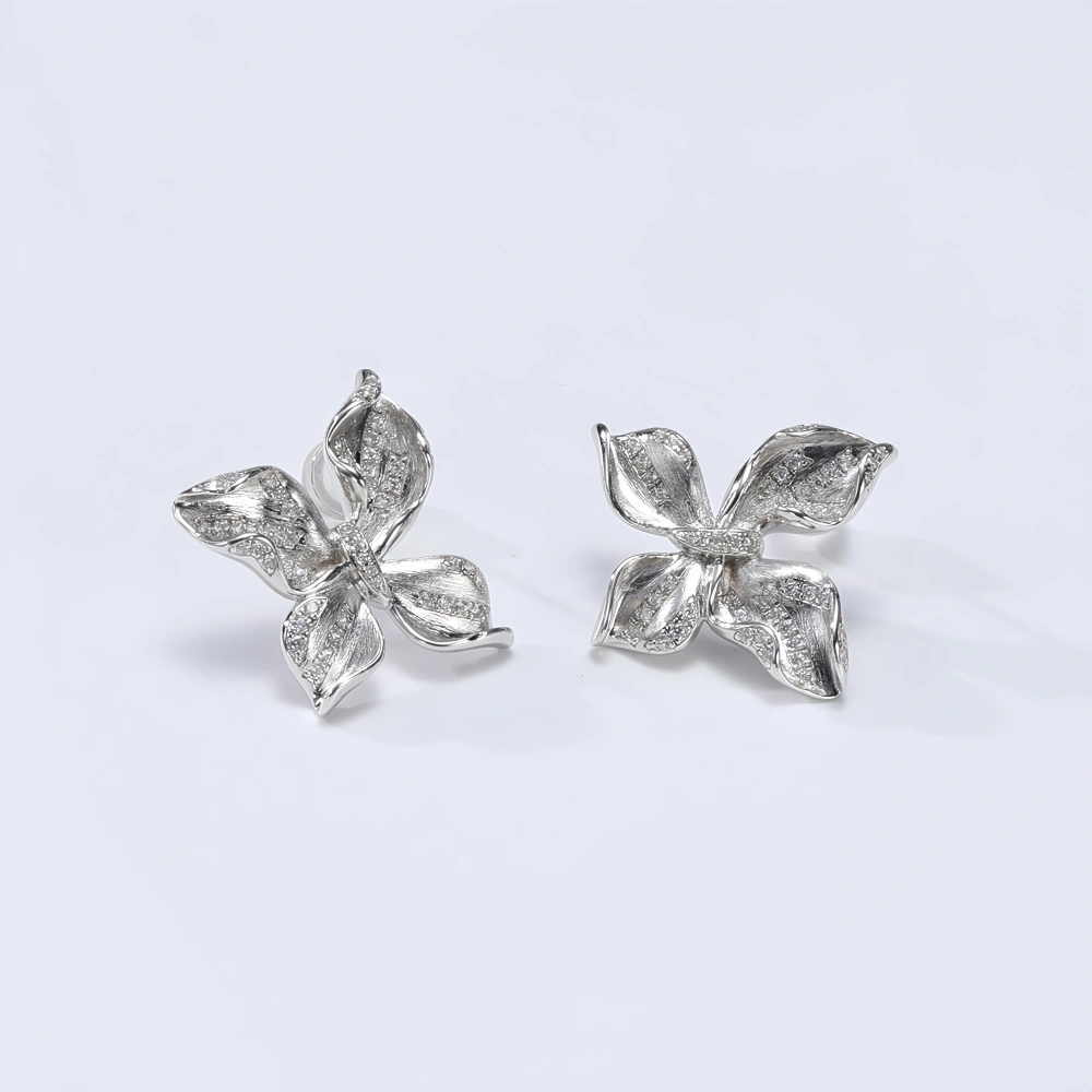 MuShan Luxury Brand Italian Brushed Gold Butterfly Stud Earrings 18K Gold Plated 925 Sterling Silver Zircon Earrings Jewelry